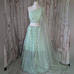 3 Piece Mint Lehenga Choli for Indian Wedding
